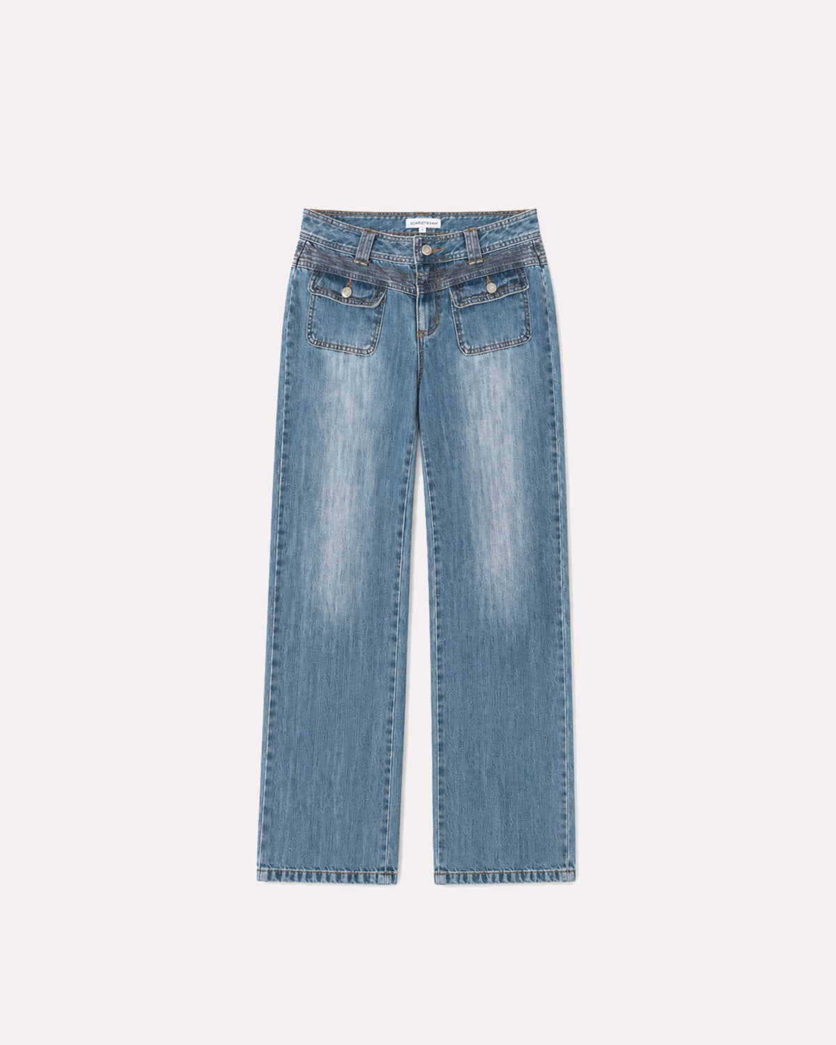 Blue 90s Low Rise Jeans, front view, laid flat.