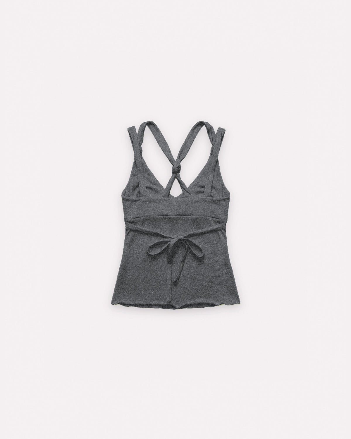 Charcoal Bailee Knot Tank, back view, laid flat.