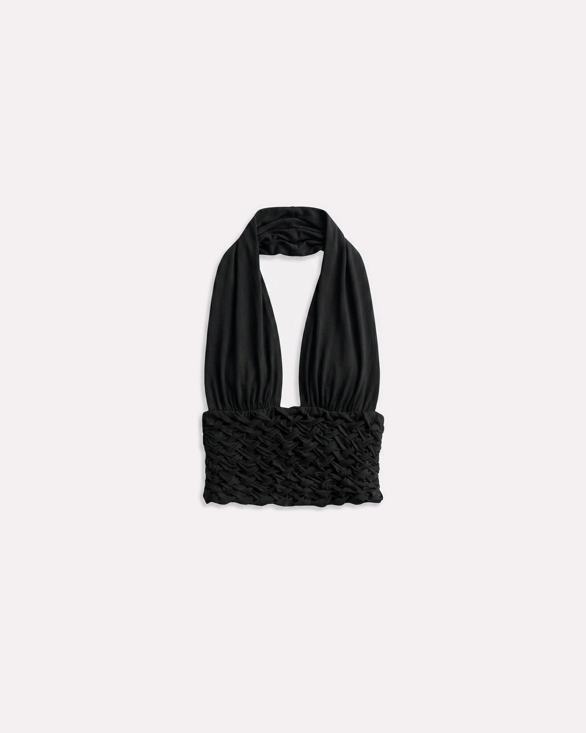 Black Braided Halter Top, front view, laid flat to show the braided waist.