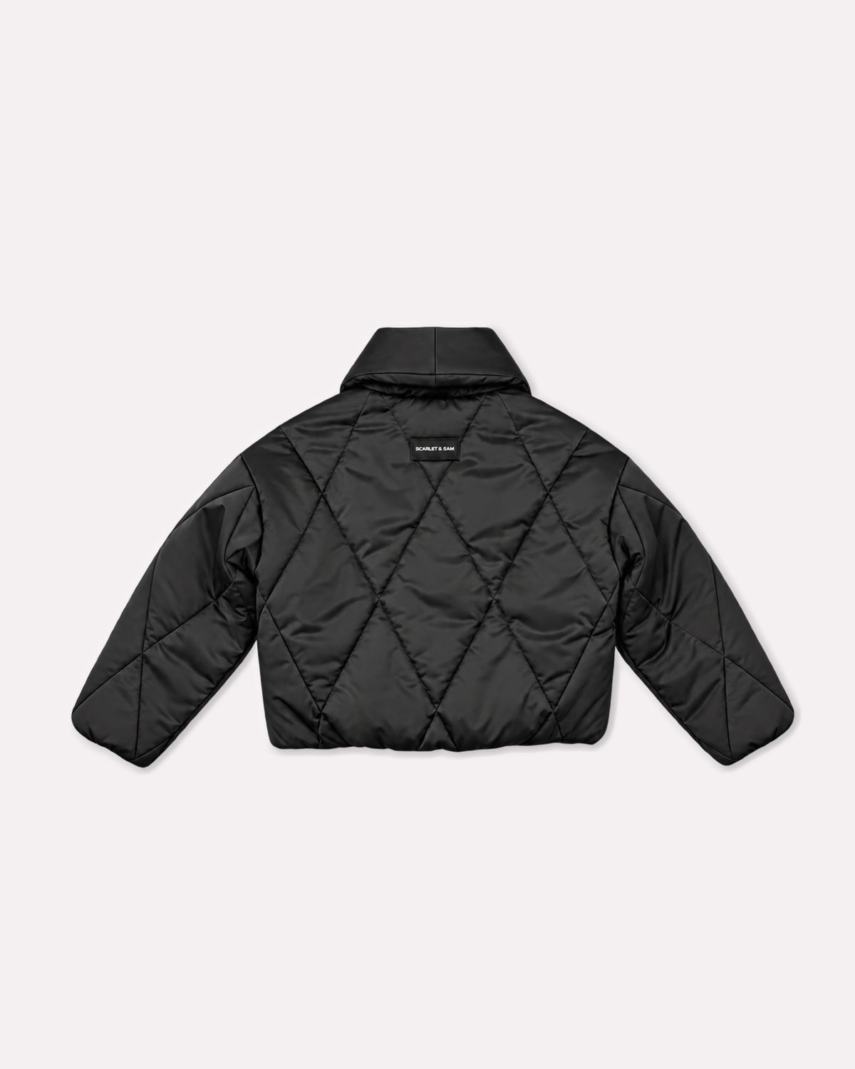 Black Cocoon Padded Jacket, back view laid flat, showing the diamond quilting and Scarlet & Sam patch below the collar.