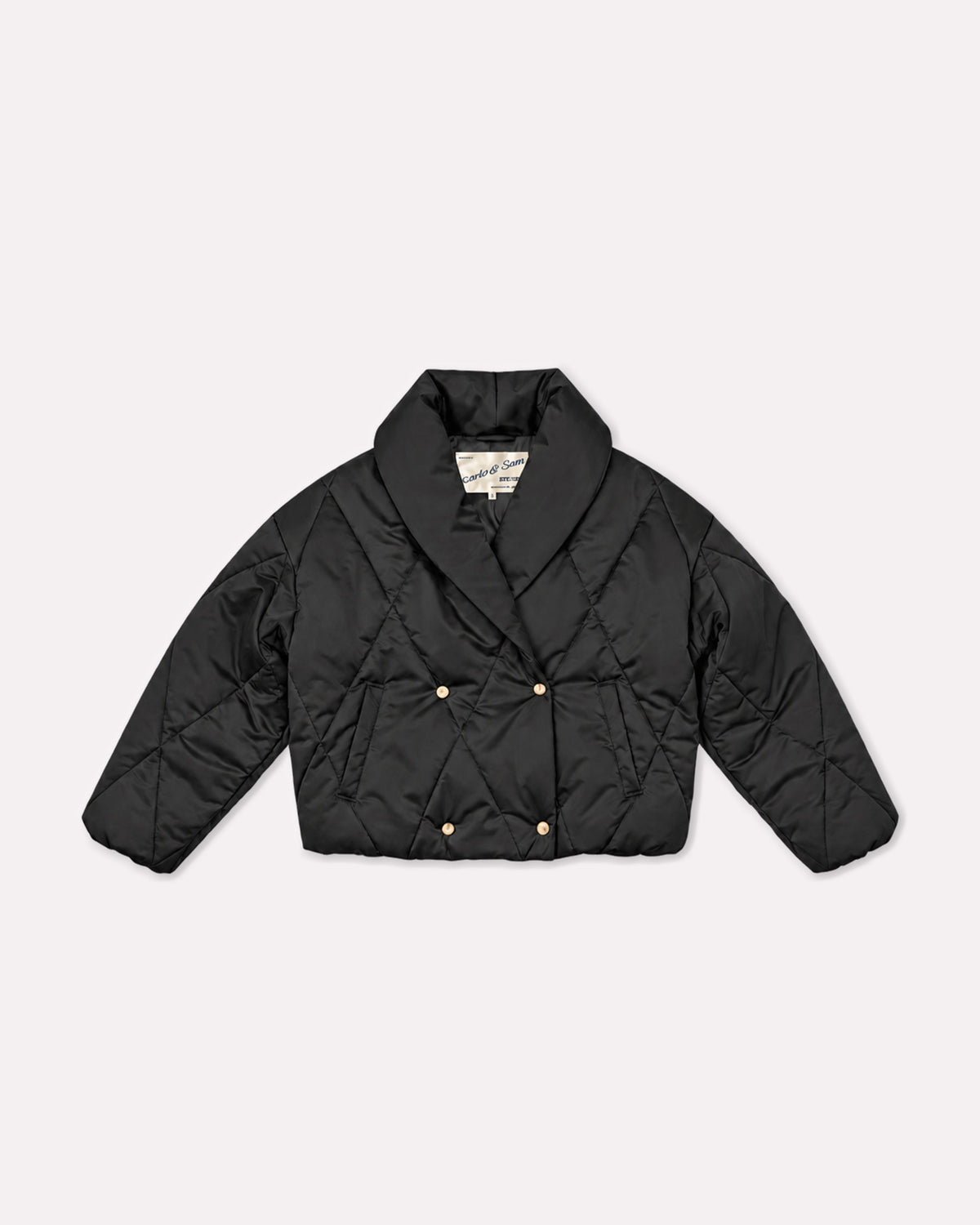 Black Cocoon Padded Jacket, front view laid flat, showing the shawl collar, diamond quilting, gold-tone snaps and pockets.