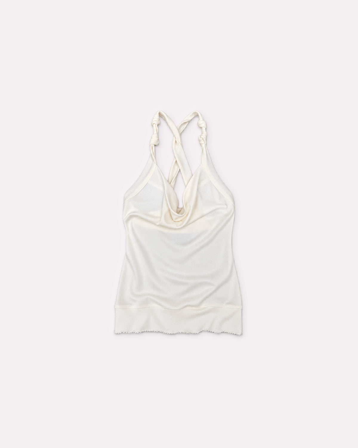 White Cowl Knot Tank, front flat lay, showing the draped cowl neckline, knotted straps and longline silhouette.