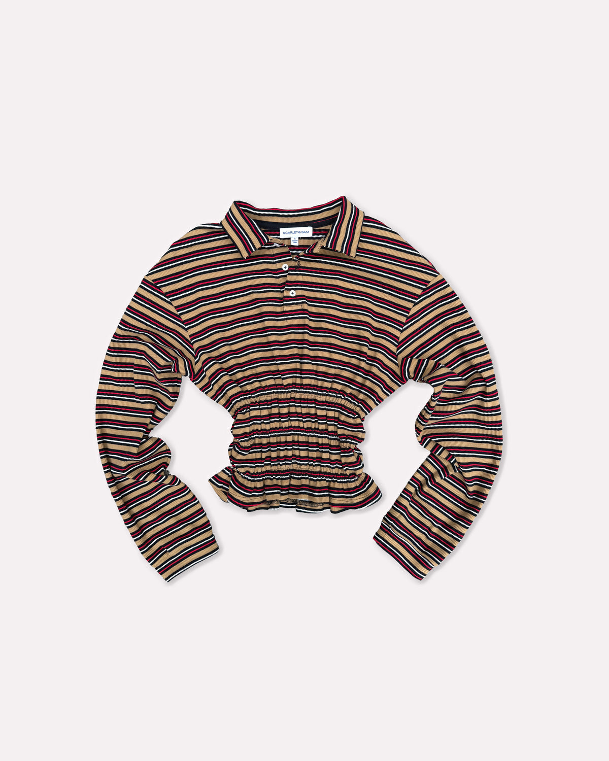 Mustard stripe Eden Rugby Polo, front view laid flat, showing the collar, button placket, long sleeves and gathered waist.