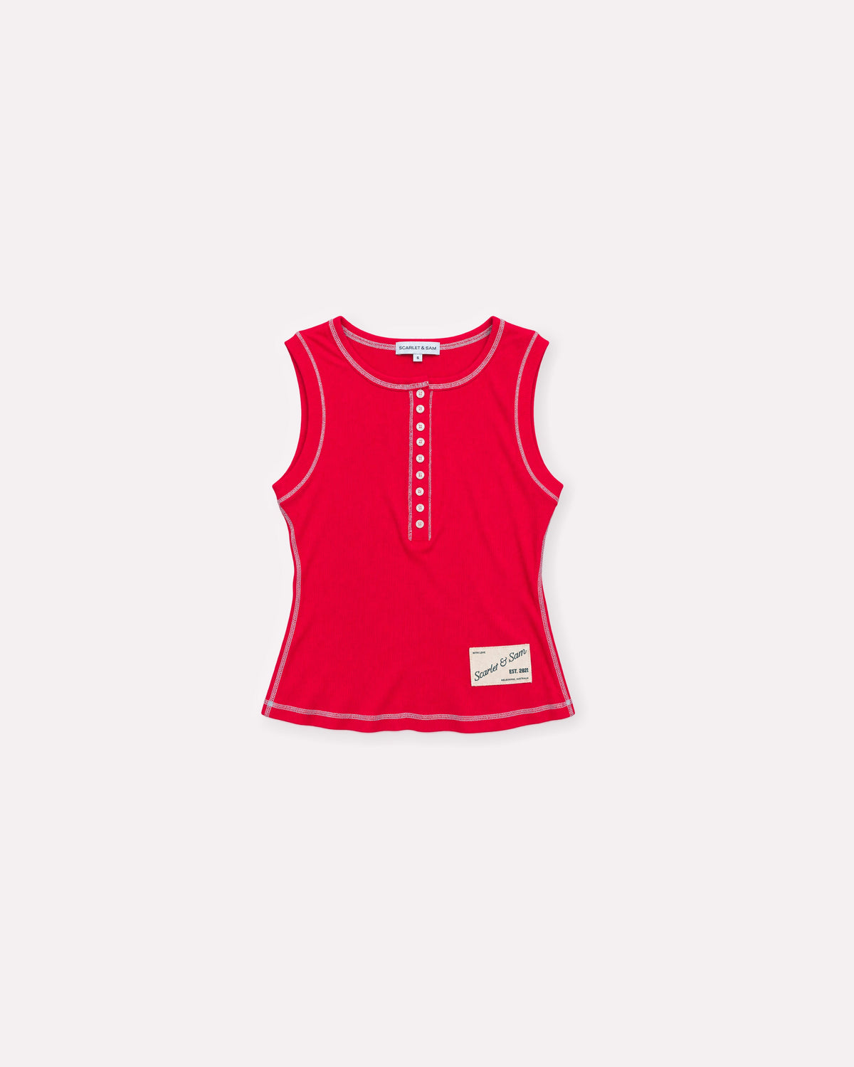 Red Henley Rib Tank, front flat lay, showing the button neckline, contrast stitching and Scarlet & Sam logo patch.