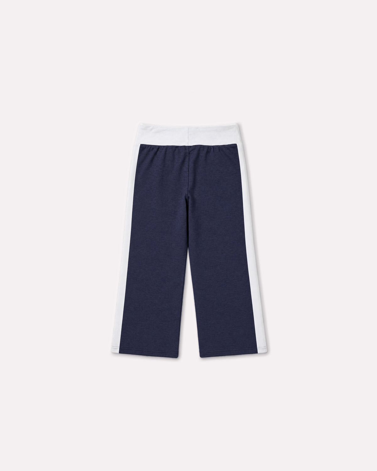 Navy Jersey Capri pants, back flat lay, showing the white contrast waistband, side panels and wide cropped legs.