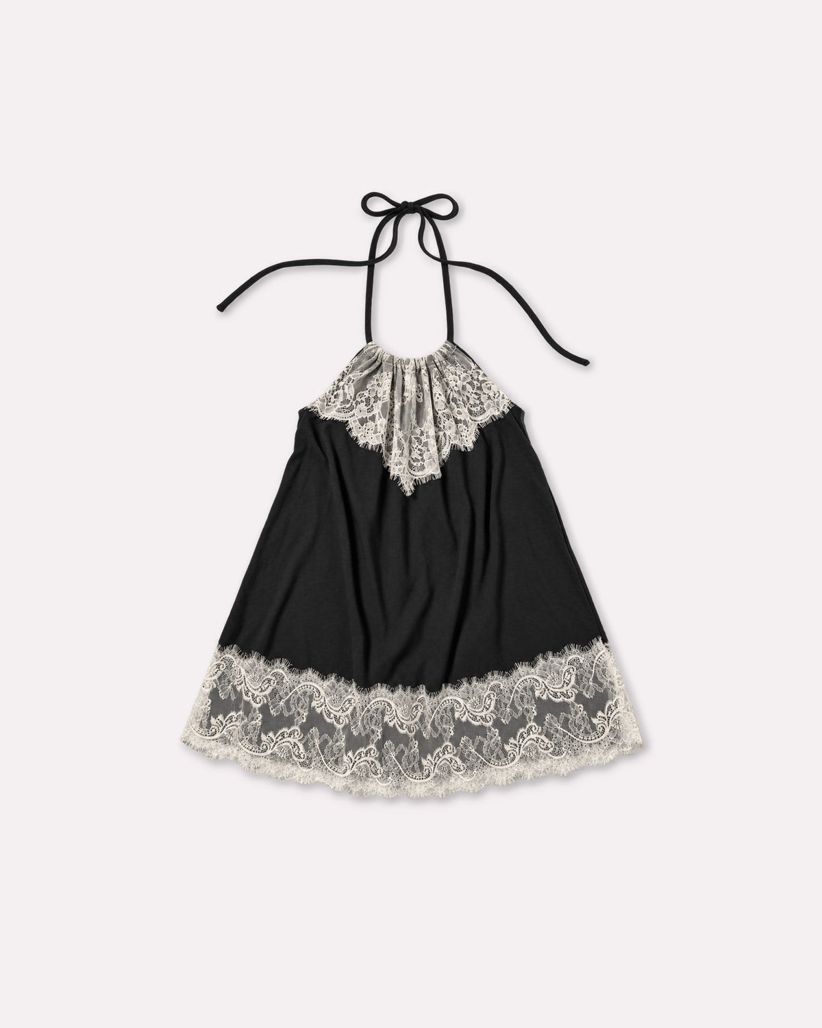 Black Jersey Lace Halter Dress, front flat lay, showing the gathered halter neckline, adjustable ties and contrast cream lace trim.