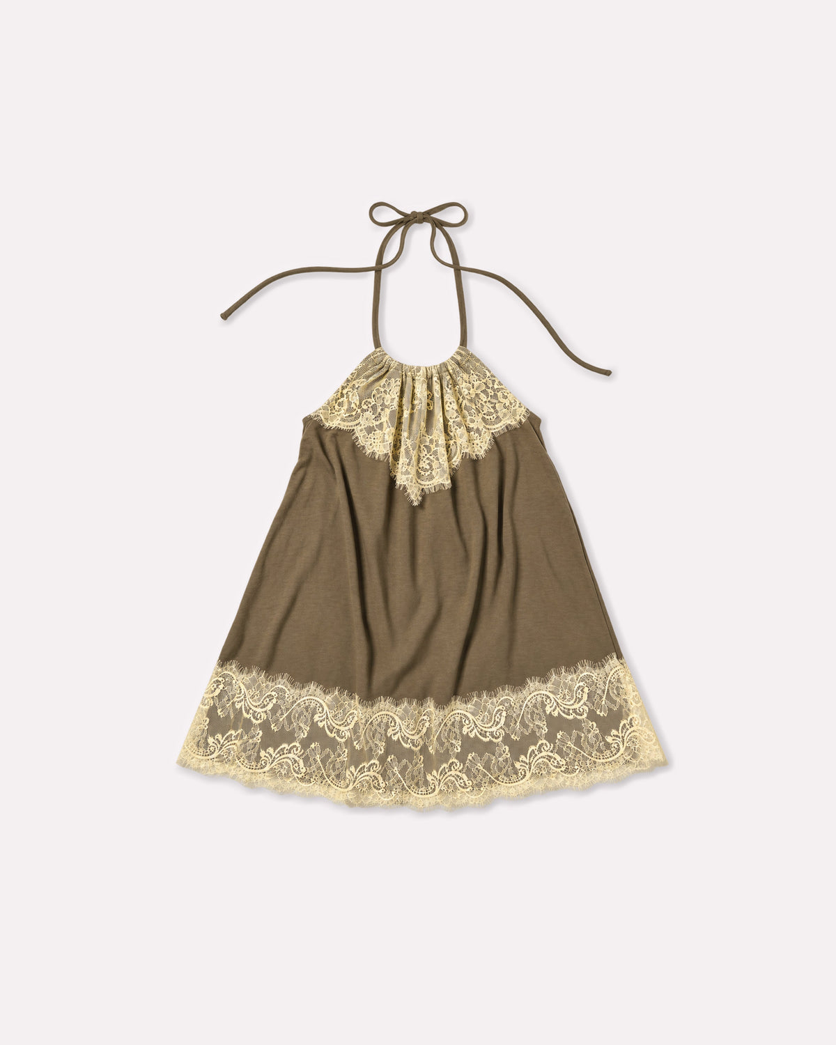 Khaki Jersey Lace Halter Dress, front flat lay, showing the gathered neckline, adjustable neck ties and contrast lace at the neckline and hem.