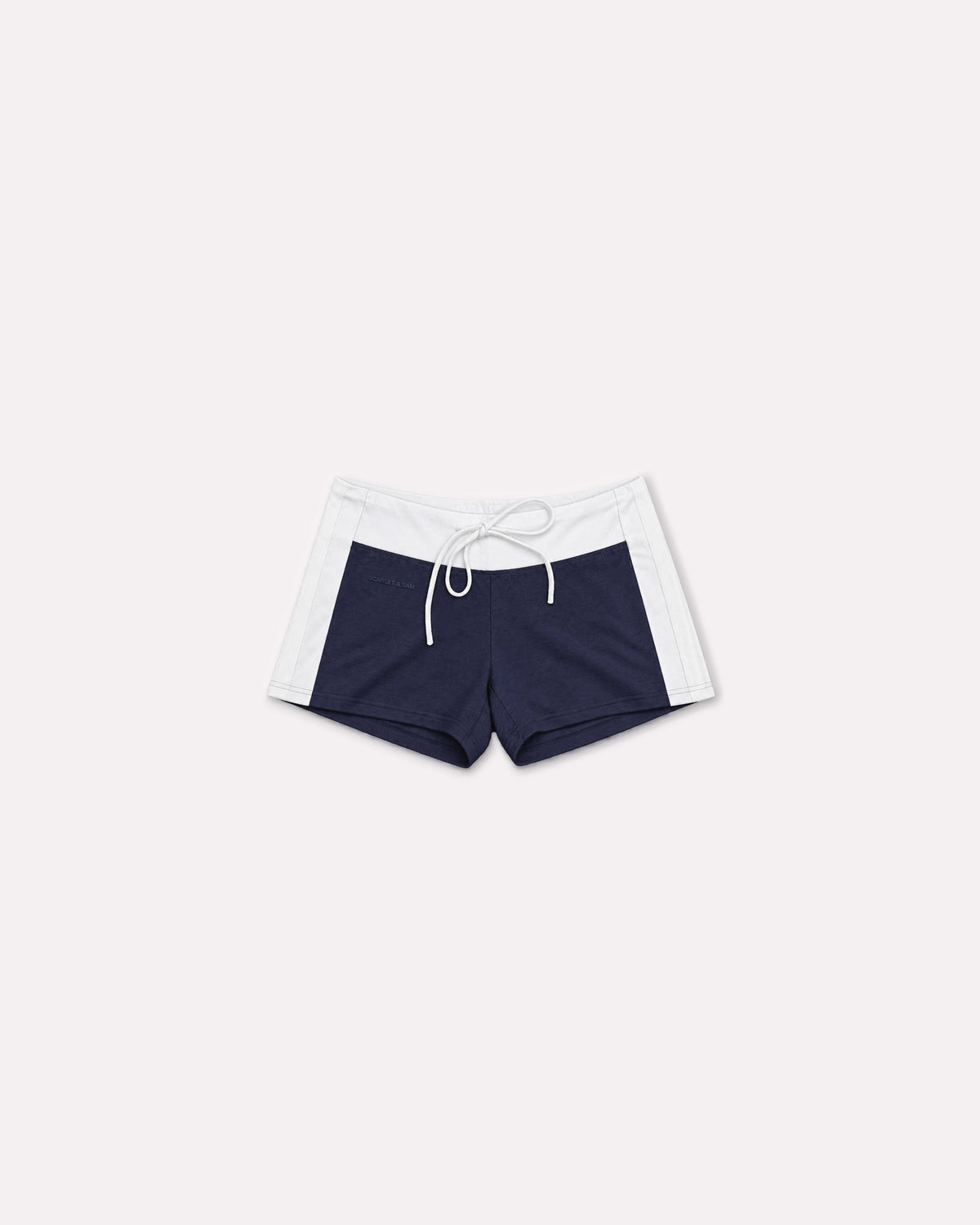 Navy Jersey Mini Short, front flat lay, showing the contrast white waistband, drawstring and side panels.