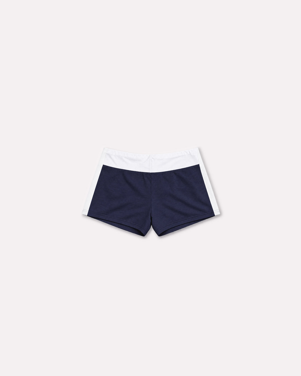 Navy Jersey Mini Short, back flat lay, showing the white contrast waistband and side panels.