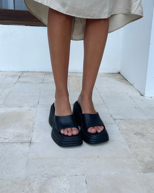 Scarlet & Sam's famous JUICY WEDGES. These shoes are a combination of Rubber & Leather to provide maximum comfort & style. The Juicy Wedge is the perfect summer staple: Black, Chunky, Platform, Square Toe, Soft footbed, flattering sandal. 