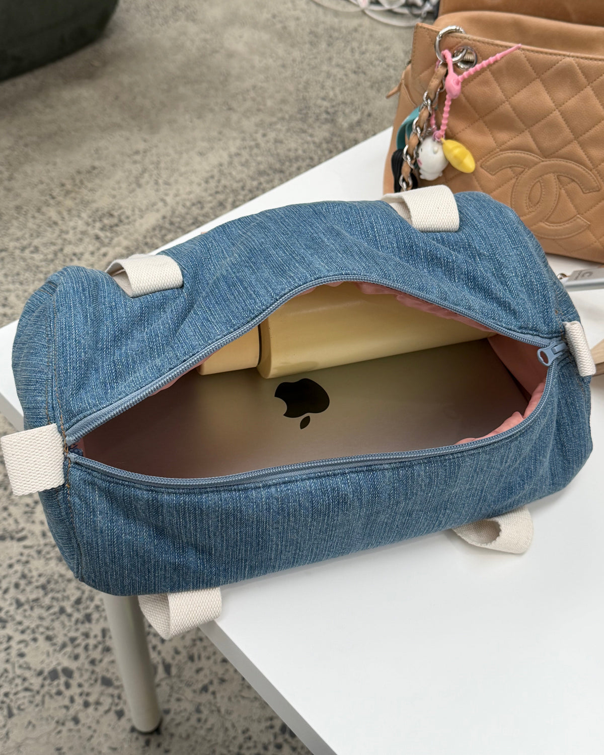 Denim Padded Barrel Tote