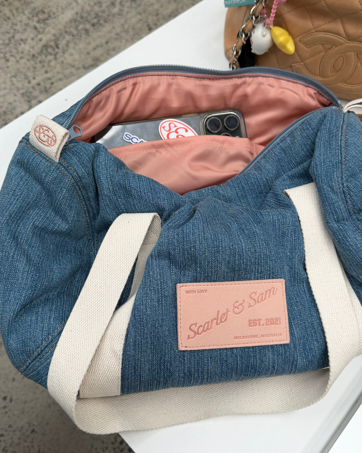 Denim Padded Barrel Tote