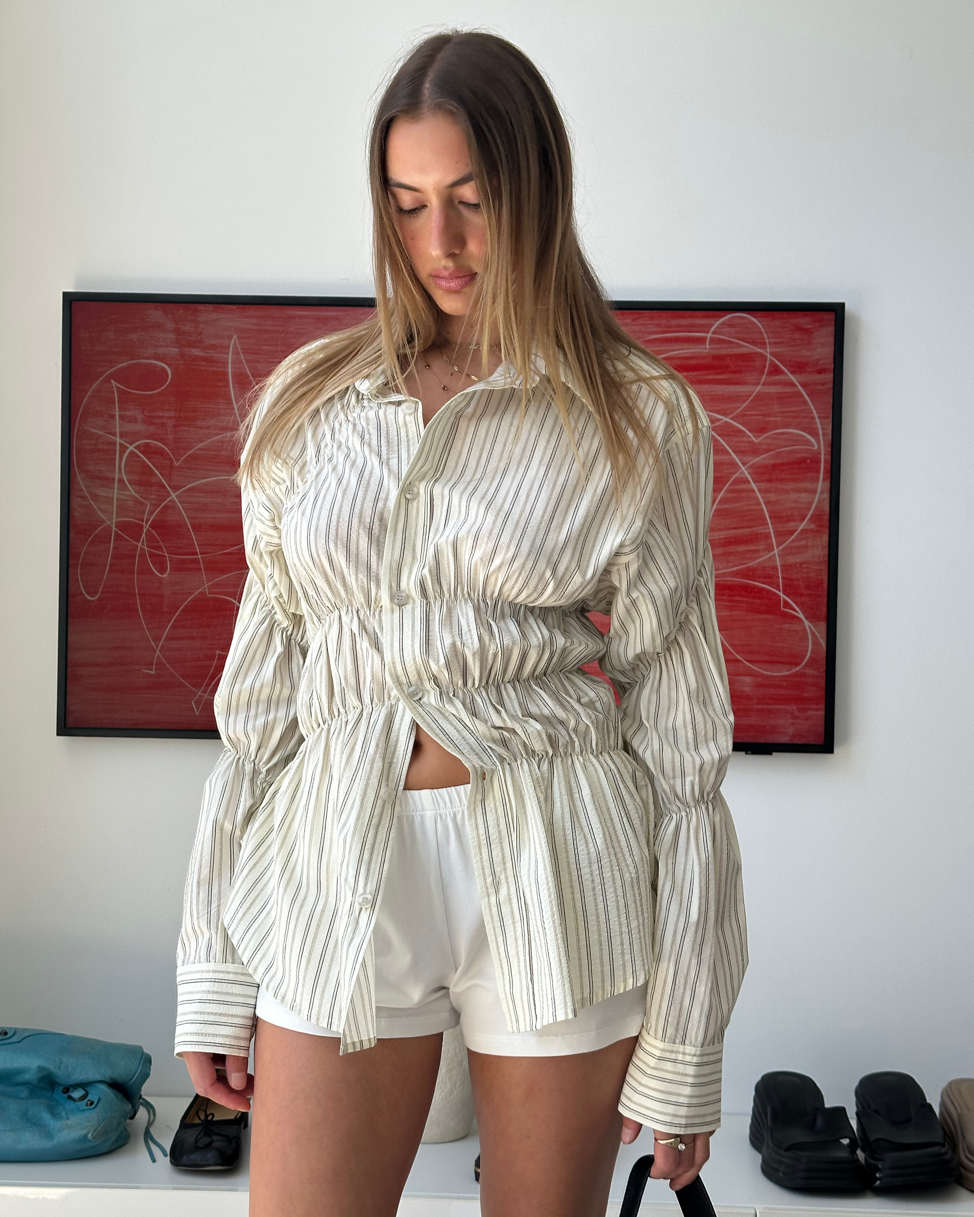 Scrunched Shirt - Butter Pinstripe