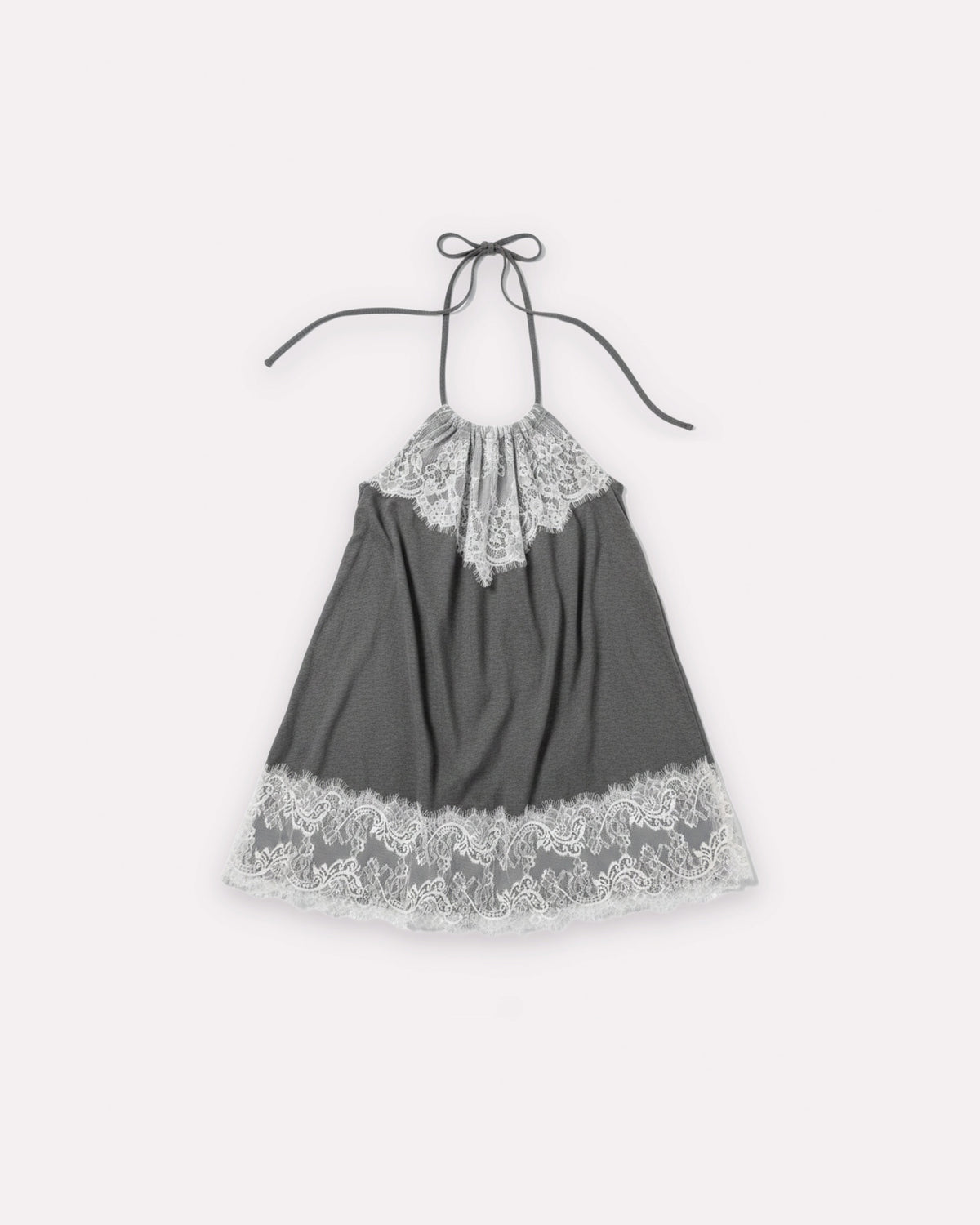 Grey Jersey Lace Halter Dress, front view, laid flat to show the halter ties and lace trim.