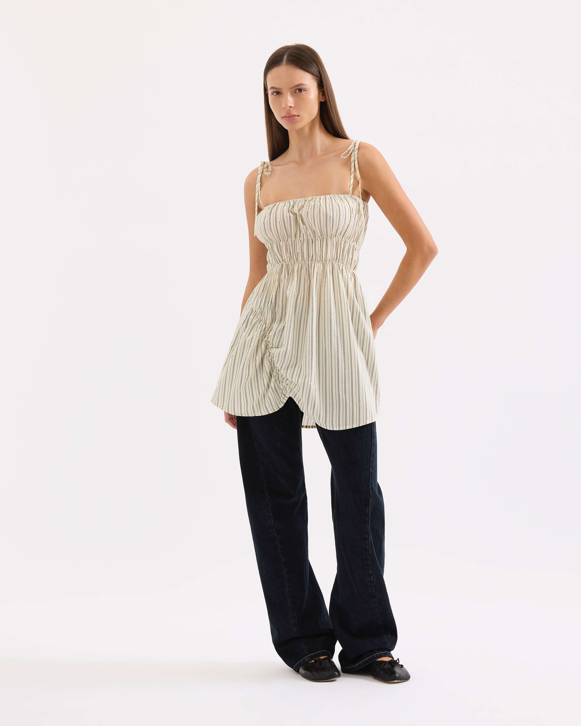 Scrunched Dress - Butter Pinstripe