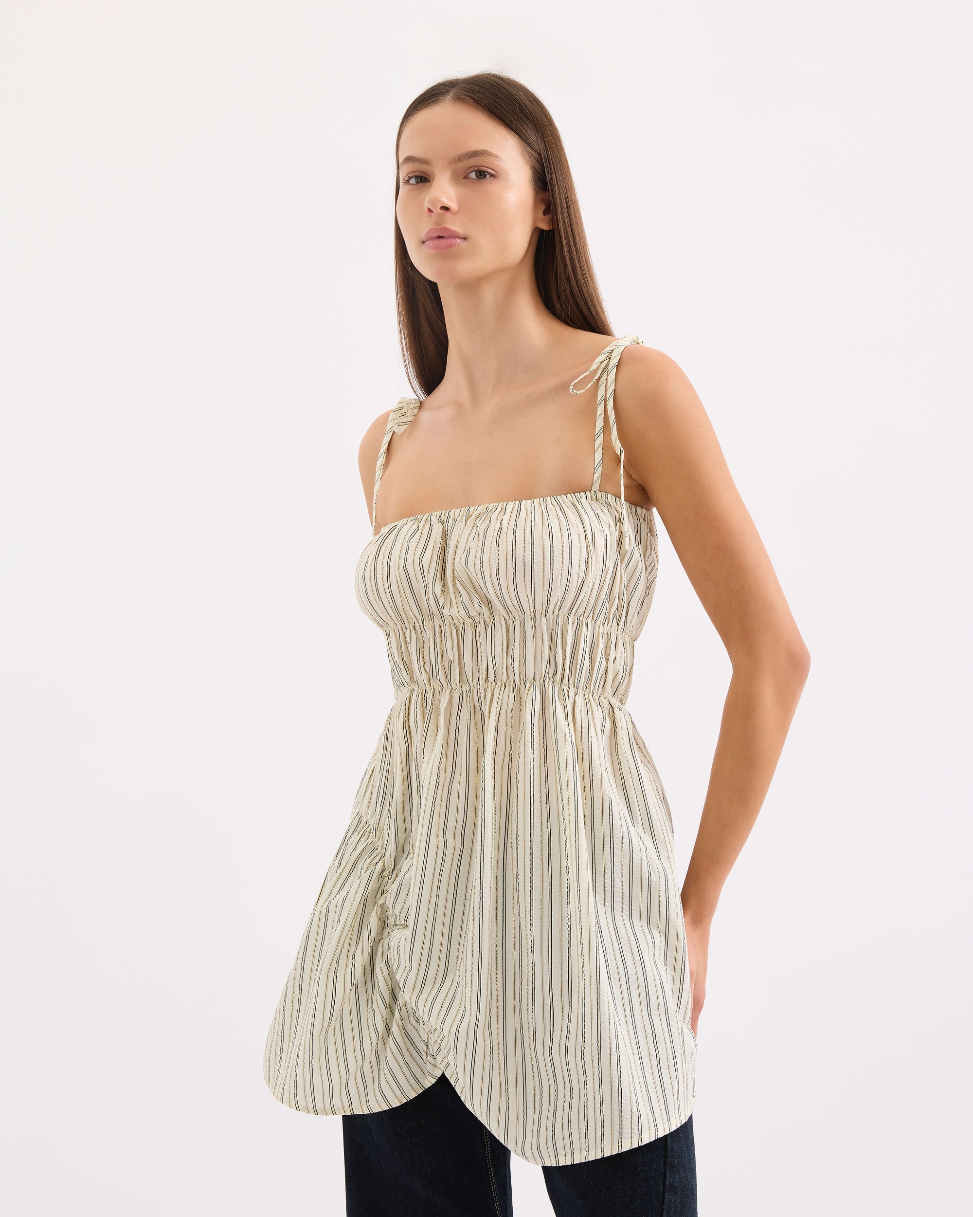 Scrunched Dress - Butter Pinstripe