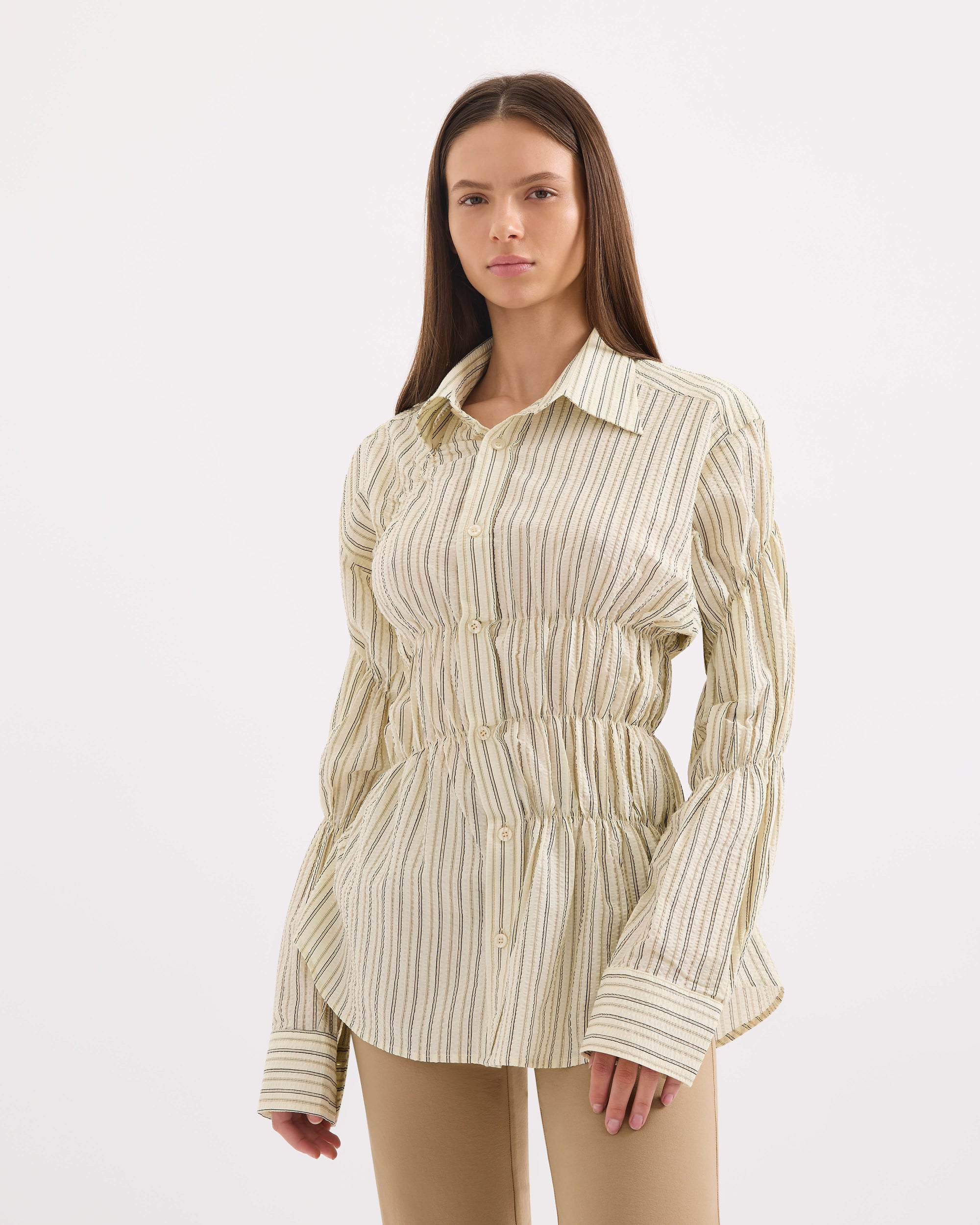 Scrunched Shirt - Butter Pinstripe