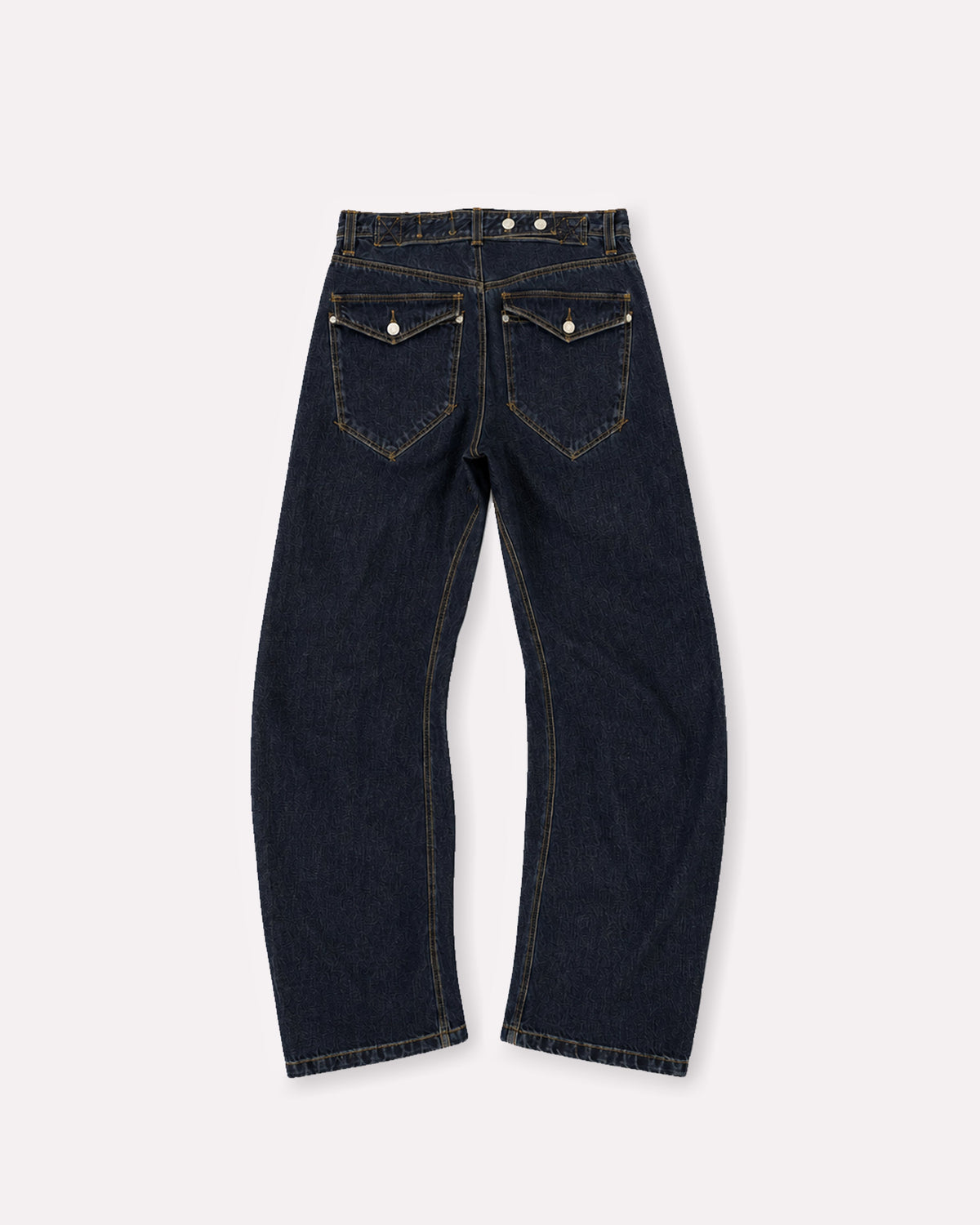 Indigo Signature Belted Jeans, back view, laid flat to show the pockets and seams.