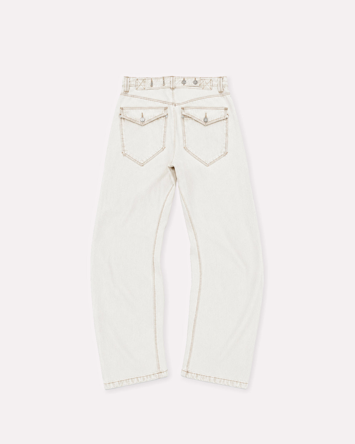 White Signature Belted Jeans, back view, laid flat to show the shaped pockets.