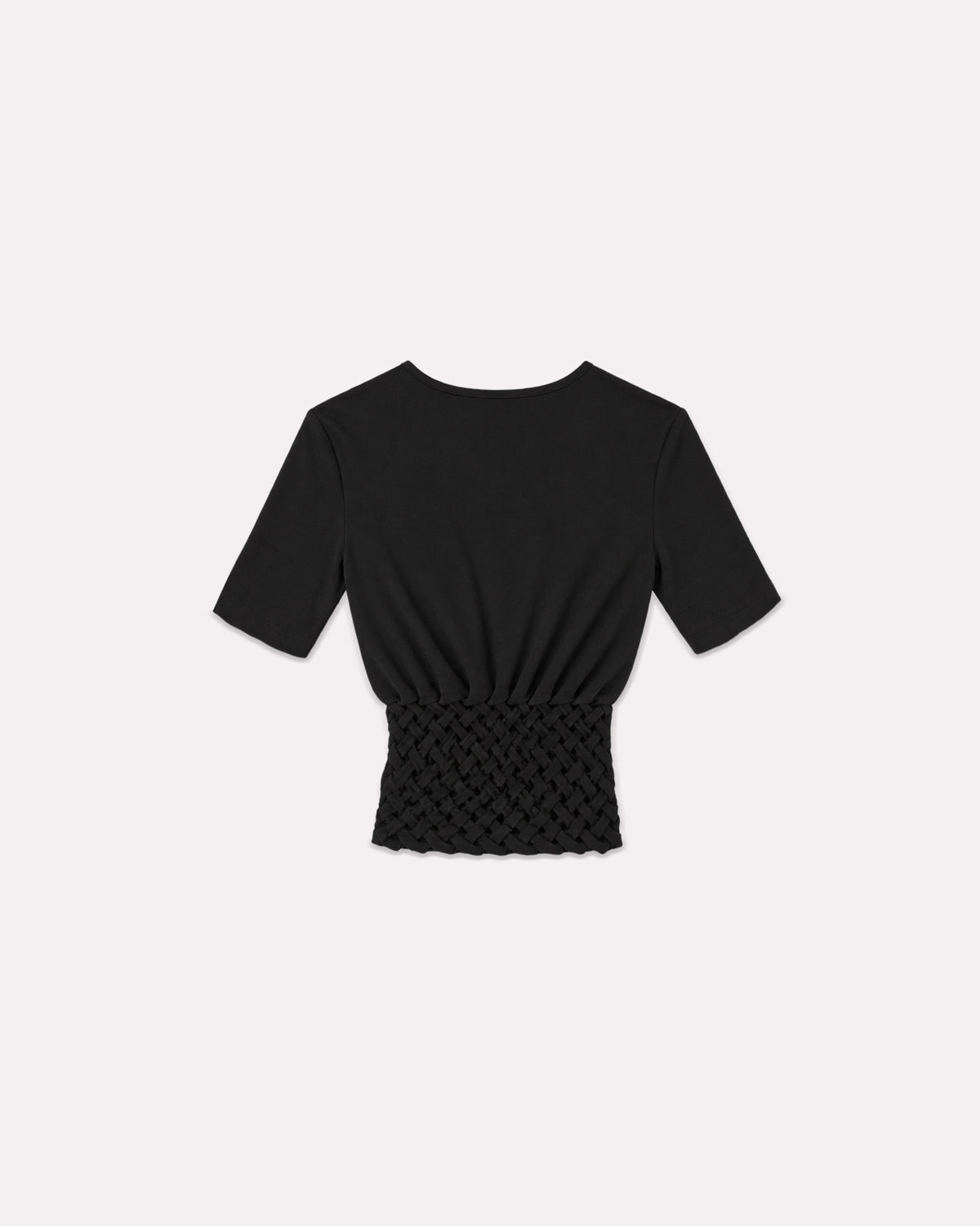 Black Braided 1/2 Sleeve Top, back view, laid flat.