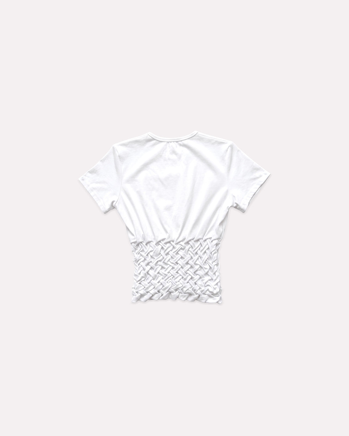 White Braided Tilly Tee, back view, laid flat.