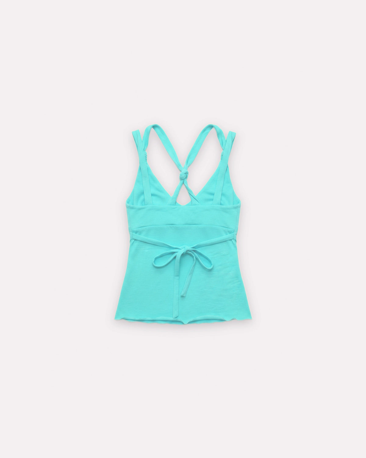 Aqua Bailee Knot Tank, back view, laid flat.