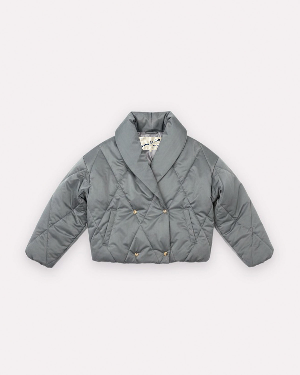 Steel Cocoon Padded Jacket, front view, laid flat.