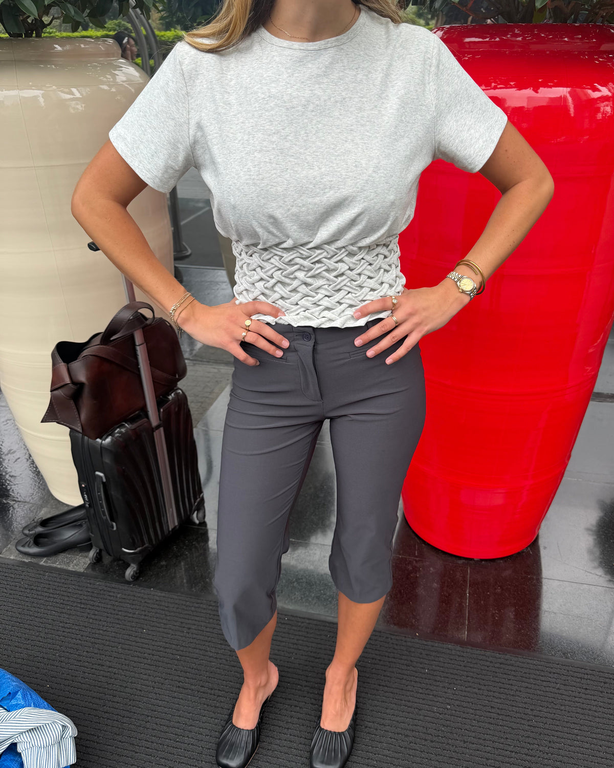 model:S/8AU 
Grey Braided Tilly Tee, front view, styled with charcoal capris.