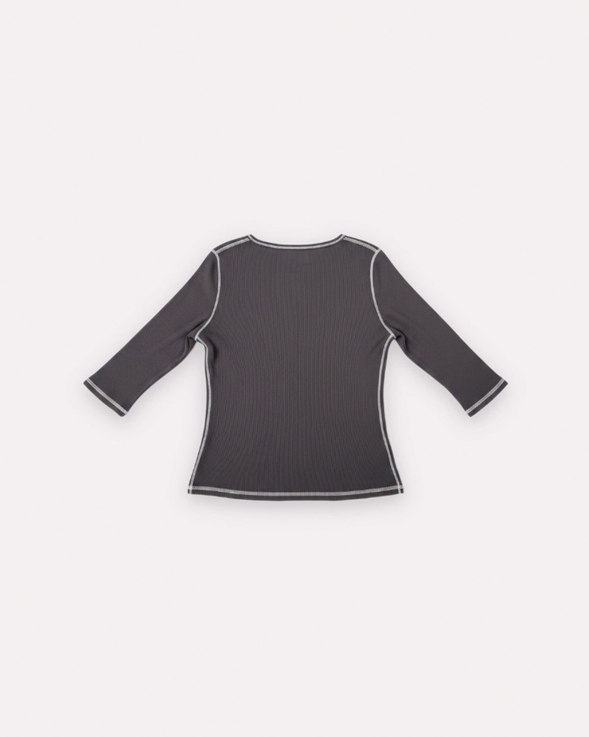 Charcoal Henley Rib 1/2 Sleeve, back view, laid flat.