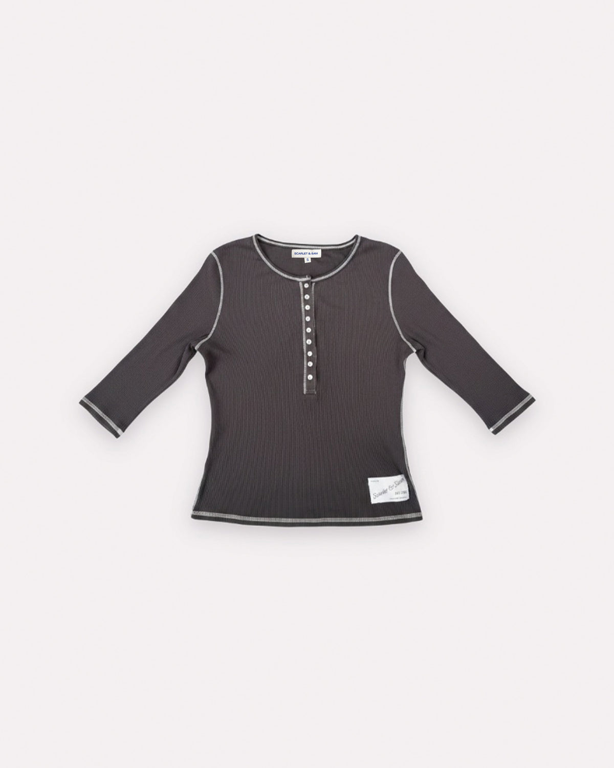 Charcoal Henley Rib 1/2 Sleeve, front view, laid flat.