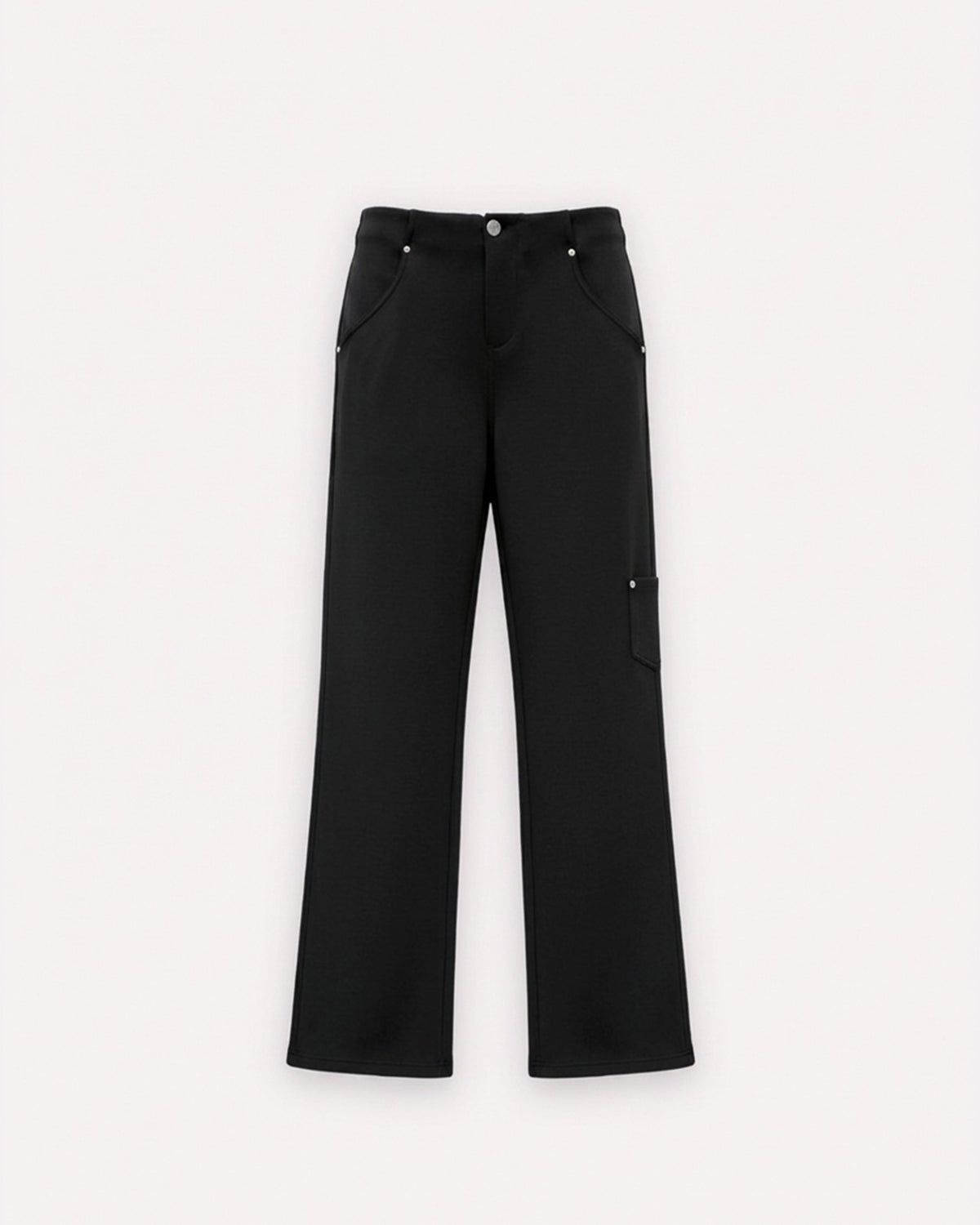 Black Tailored Magic Pant, front view, laid flat to show the wide legs.