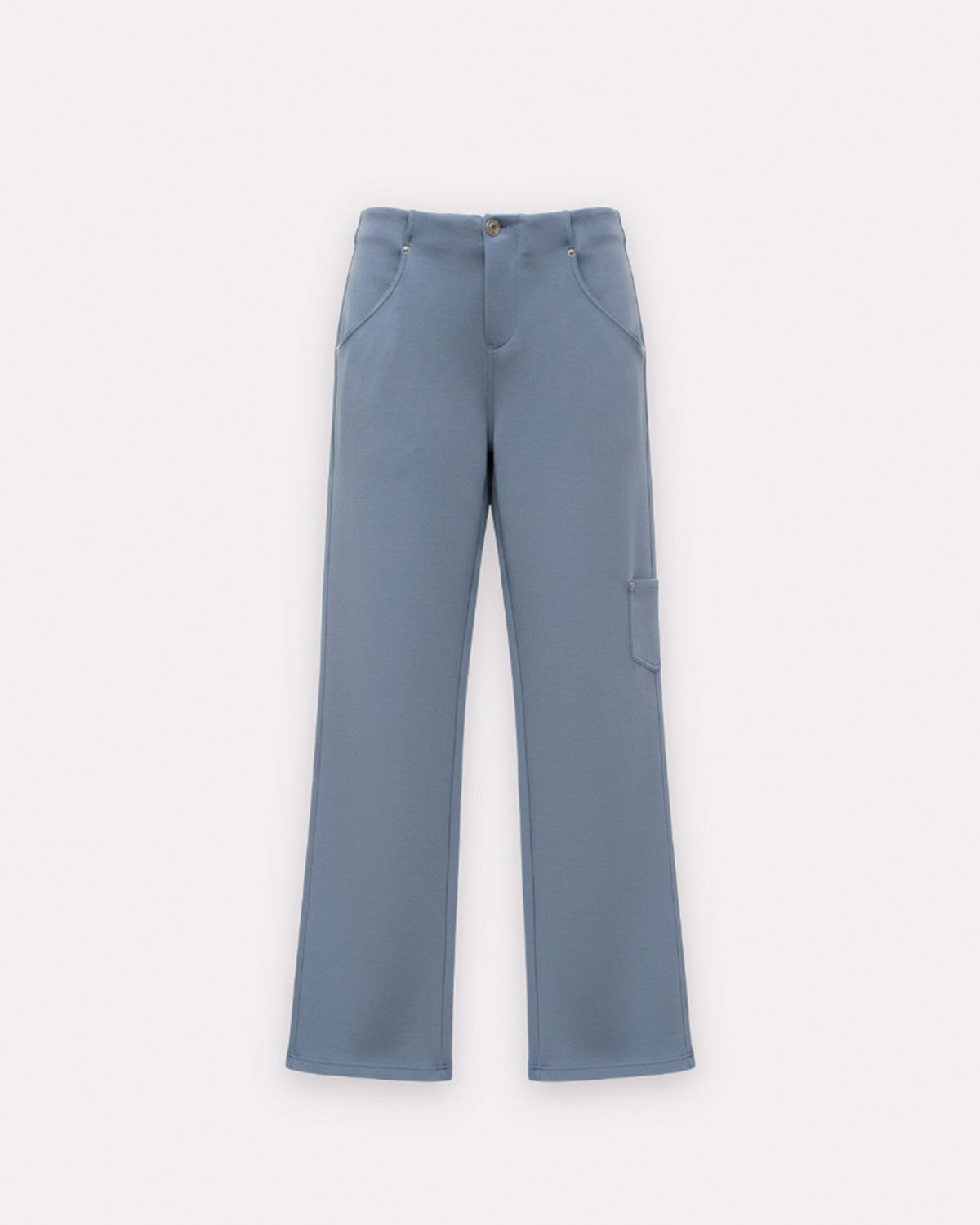 Blue Tailored Magic Pant, front view, laid flat.