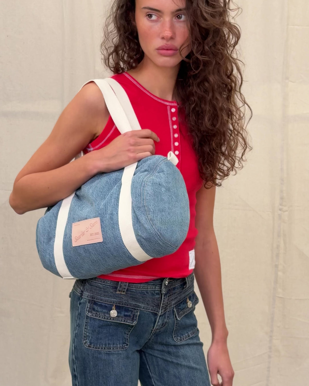 Denim Padded Barrel Tote