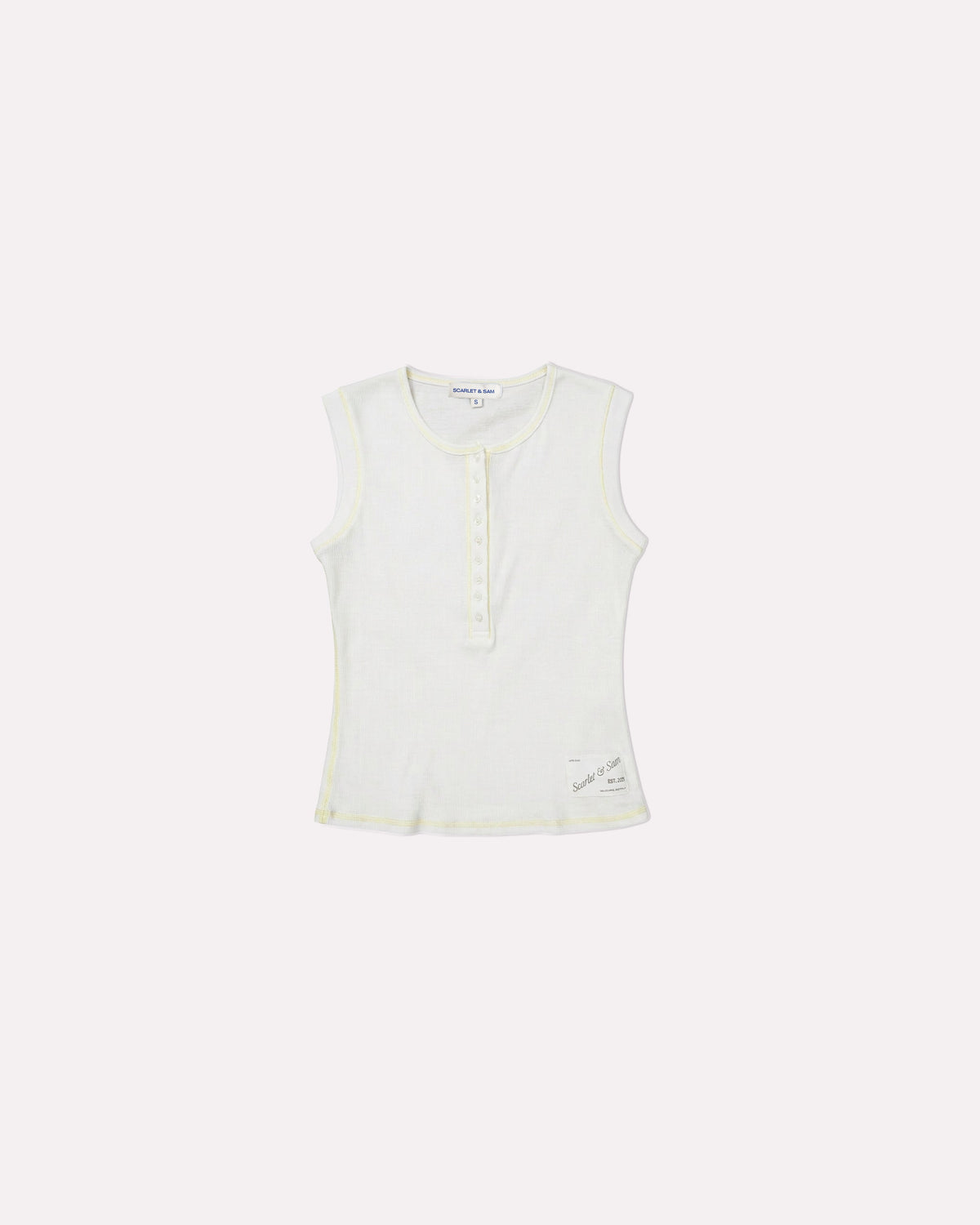 White Henley Rib Tank, front view, laid flat.