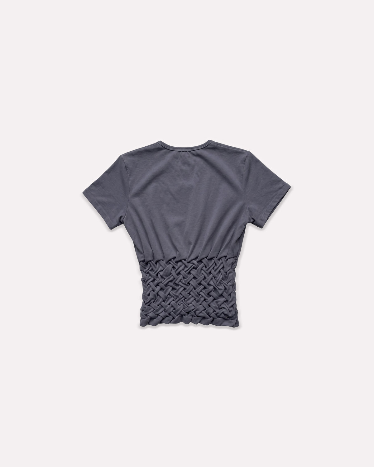 Charcoal Braided Tilly Tee, back view, laid flat.