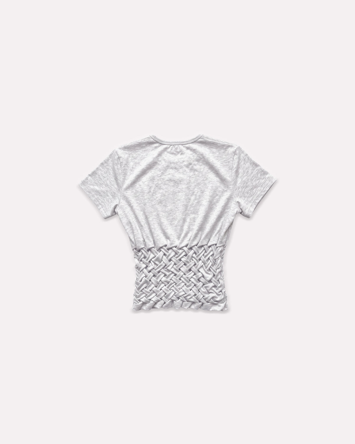 Grey Braided Tilly Tee, back view, laid flat.